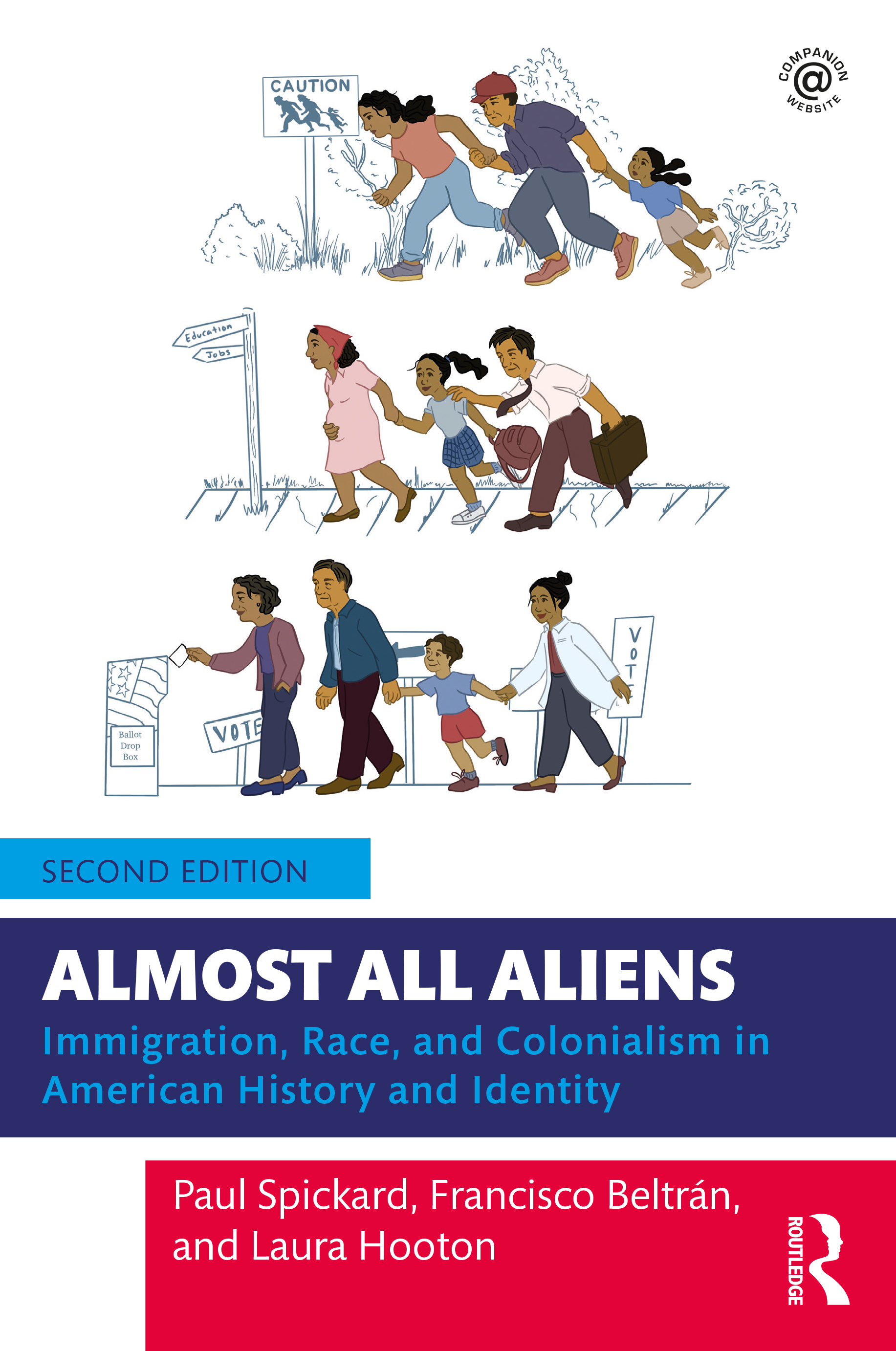 Almost All Aliens Book Cover. A family in three scenes over time: with the border crossing Caution sign, working and going to school, and growing the family and voting.